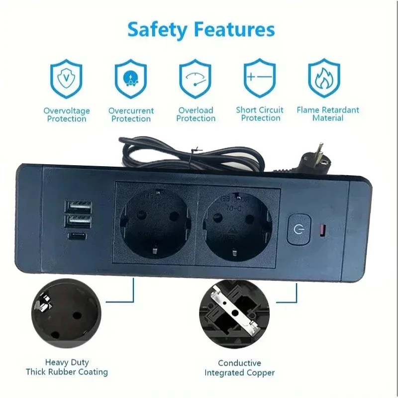 مآخذ غائرة لطاولة الاتحاد الأوروبي KR France 2 USB-A 1 Type-C PD مدمجة في مخرج طاقة مخفي لسطح المكتب مع تمديد للمطبخ المكتبي #3
