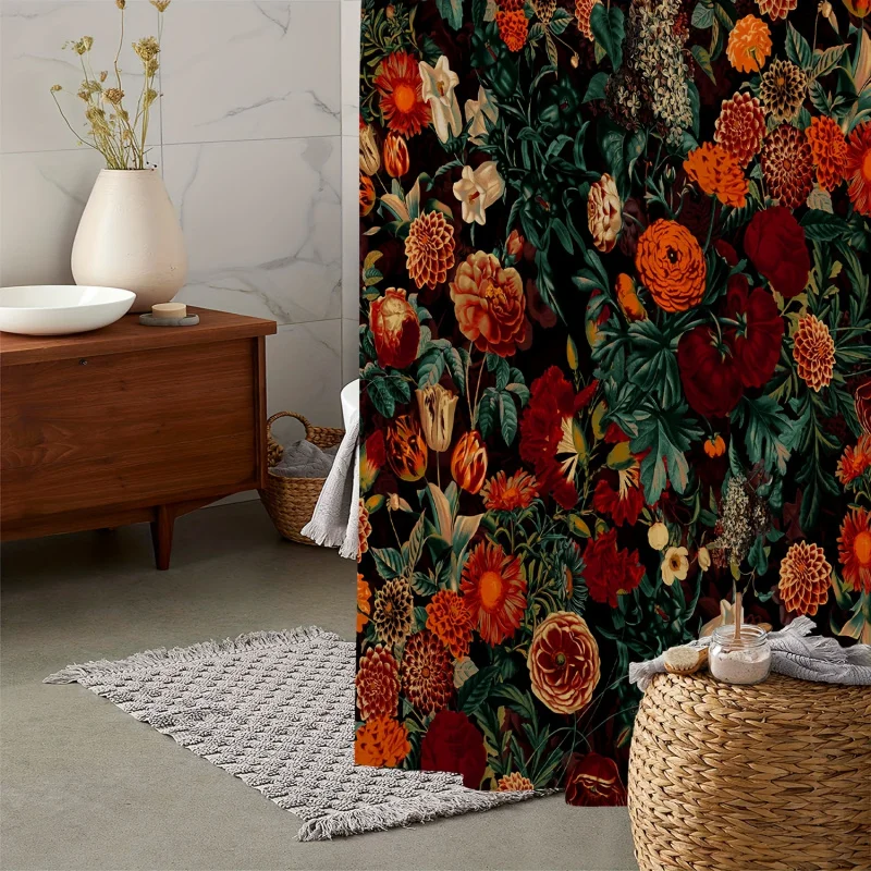 1pc vintage floral print shower curtain, waterproof bathroom curtain including 12 hooks, 71 