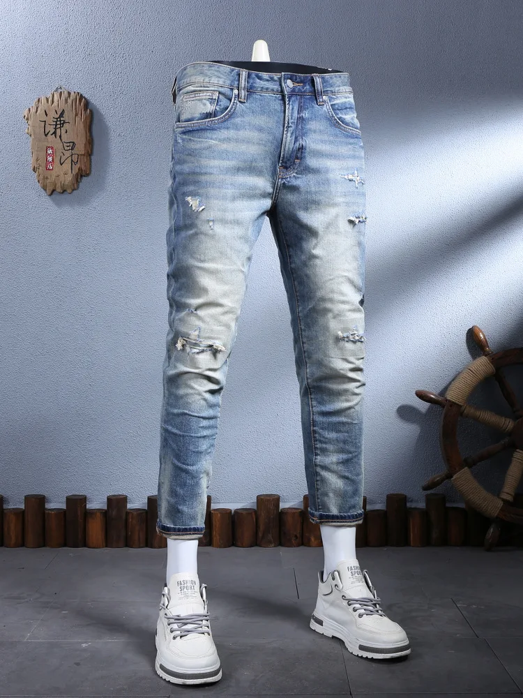 

Осень 2021, новые перфорированные нашивки, светло-голубые, белые, эластичные джинсы на маленьких штанинах, мужская уличная мужская одежда