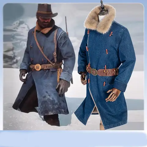 Arthur Morgan Cosplay Costumes Game RDR2 Jacket  Morgan Cowboy Blue Trench, Knee Length Winter Coat