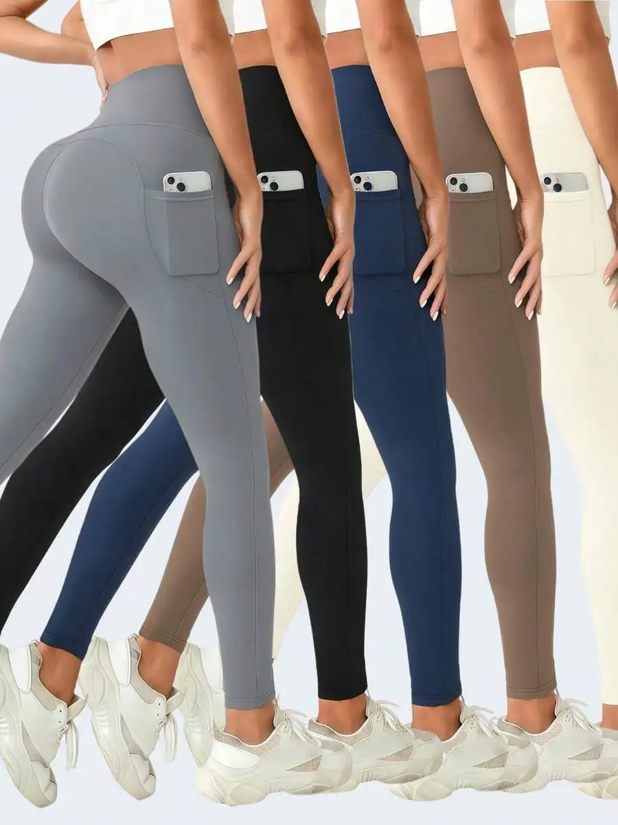 

5 Pack High Waisted Yoga Leggings With Side Pockets Butt Lifting Tummy Control 4 Way Stretch Workout Pants
