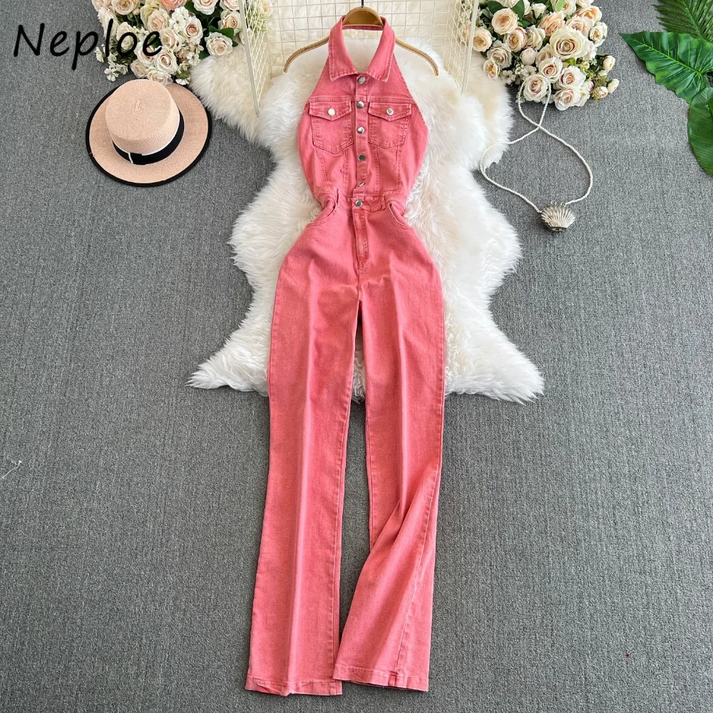 Neploe New Vintage Turn-down Collar Sleeveless Bodysuit Korea High Waist Elegant Jumpsuit Safari Style Denim Straight Ropa Mujer