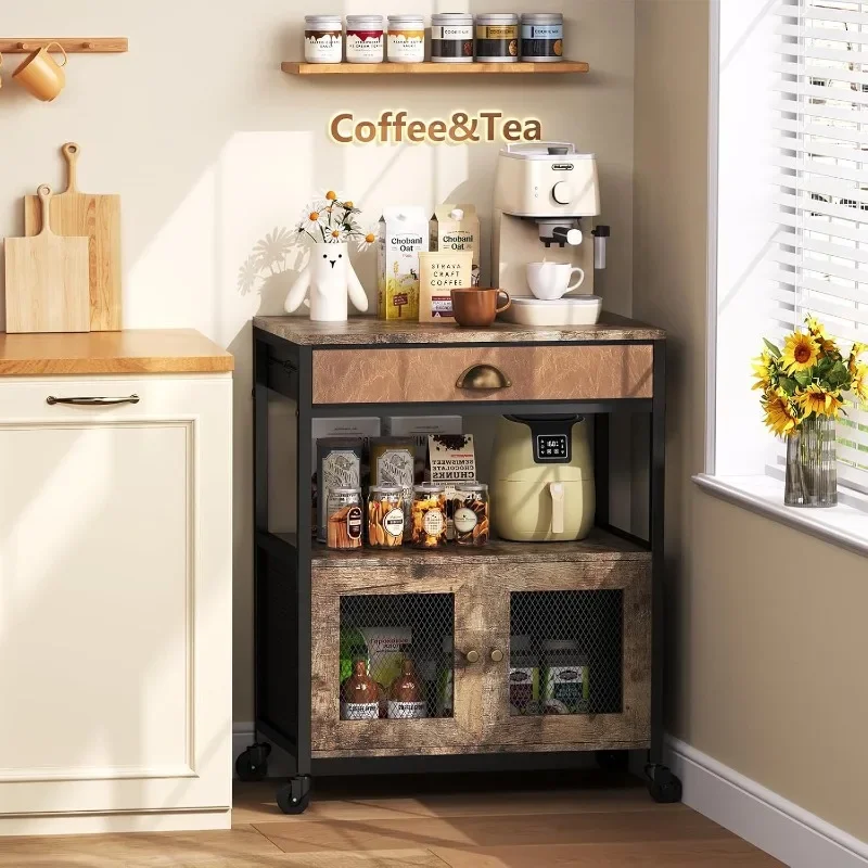 Work Table Bar Cart Three Tier Mobile Kitchen Island Cart Drawer Wheels Rolling Kitchen Trolley Coffee Bar Rustic Farmhouse view 6