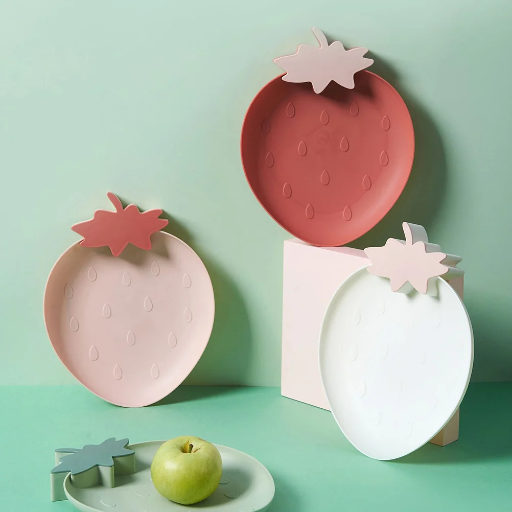 

3pcs Fruit Plate Snack Serving Plate Food Tray Strawberry Shape Design for Living Room (Pink) plastic fruit plate