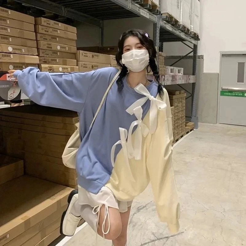 Bow Contrast Patchwork Korean Hoodies Sweatshirts Spring Autumn New Long Sleeve Loose Trend Tops Fashion Casual Women Clothing