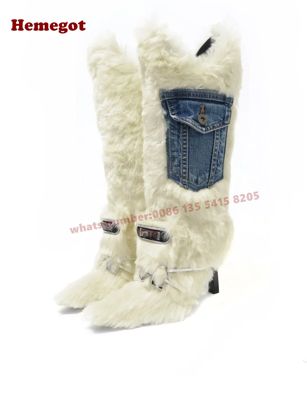 Fur Pocket Fluffy Stiletto Long Boots Pointy Toe Side Zipper Plush Women\'s Mid-Calf Boots 2025 White Patchwork Shoes Sexy Luxury