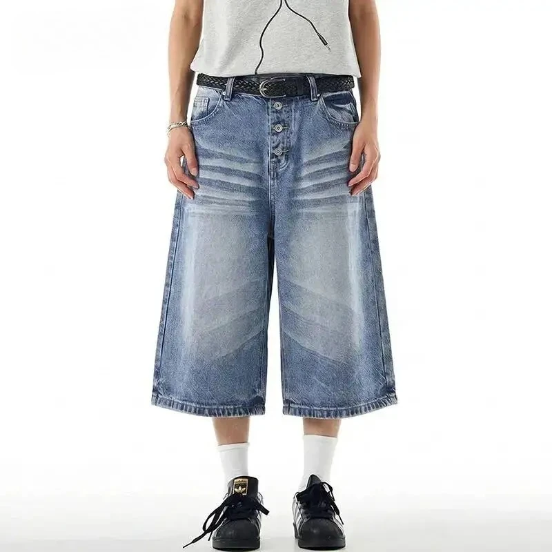 

Distressed Wash Buttoned Blue Men's Denim Shorts Summer American Style Cleanfit Cropped Wide Leg Knee Length Pants