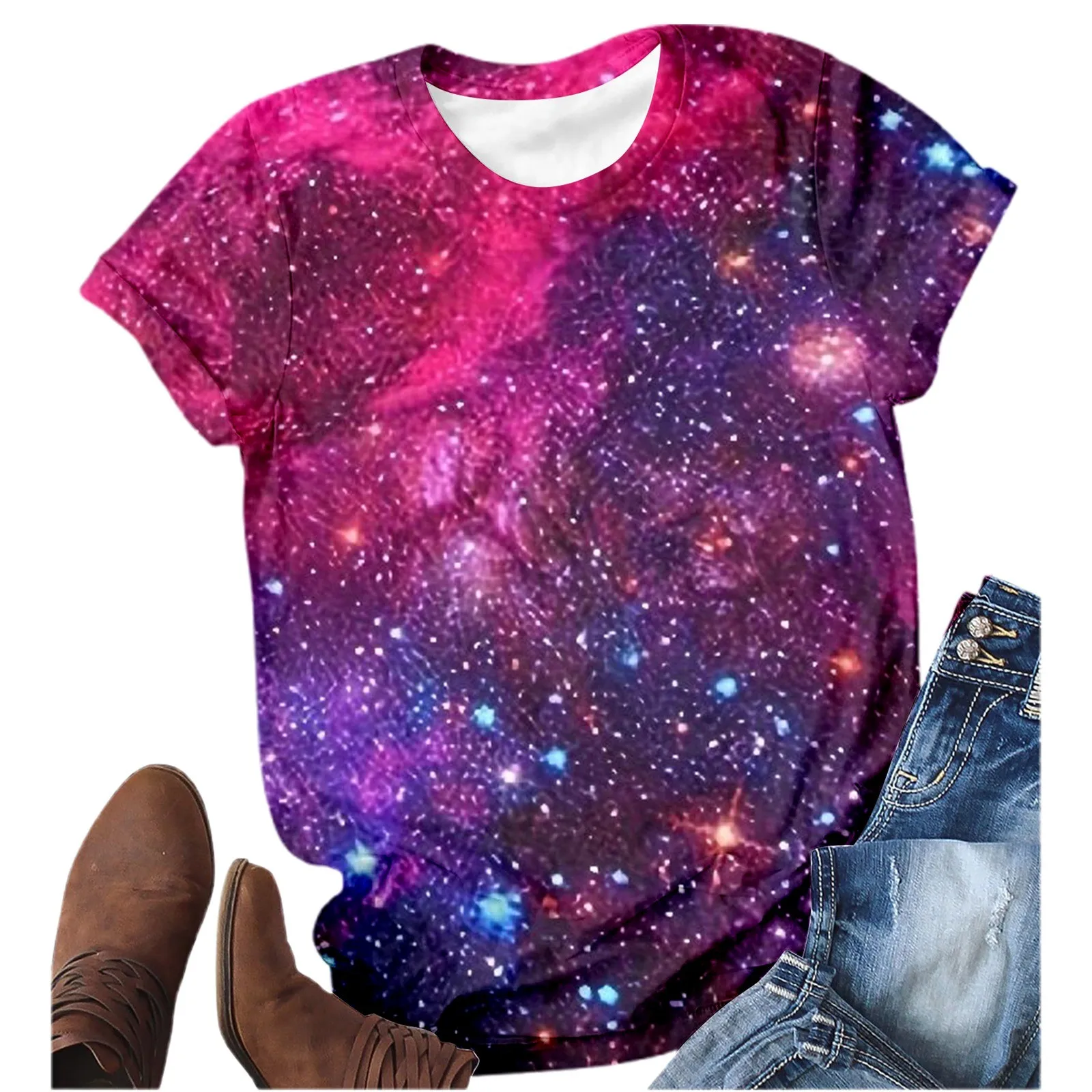 Women Galaxy Print T-Shirt Short Sleeve Graphic T Shirts Casual Round Neck Tees Tops Camisetas De Mujer