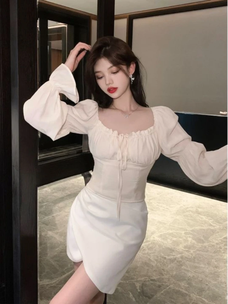 French Style Blouses Women Cropped Simple Vintage Slim Folds Designed Elegant Office Ladies New Spring Hotsweet Chic Streetwear