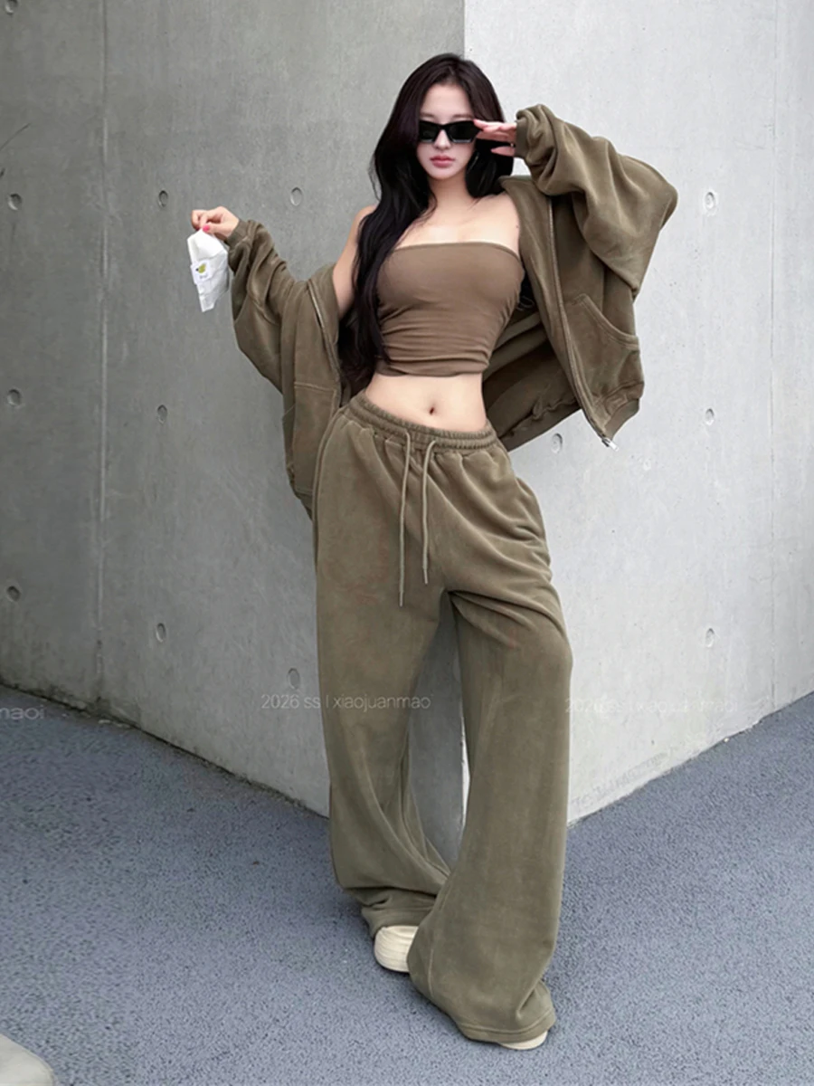 Street Style Spicy Girl Design Camisole Tank Top Long Sleeve Hoodie Casual Matching Long Pants Fashionable Three-Piece Set