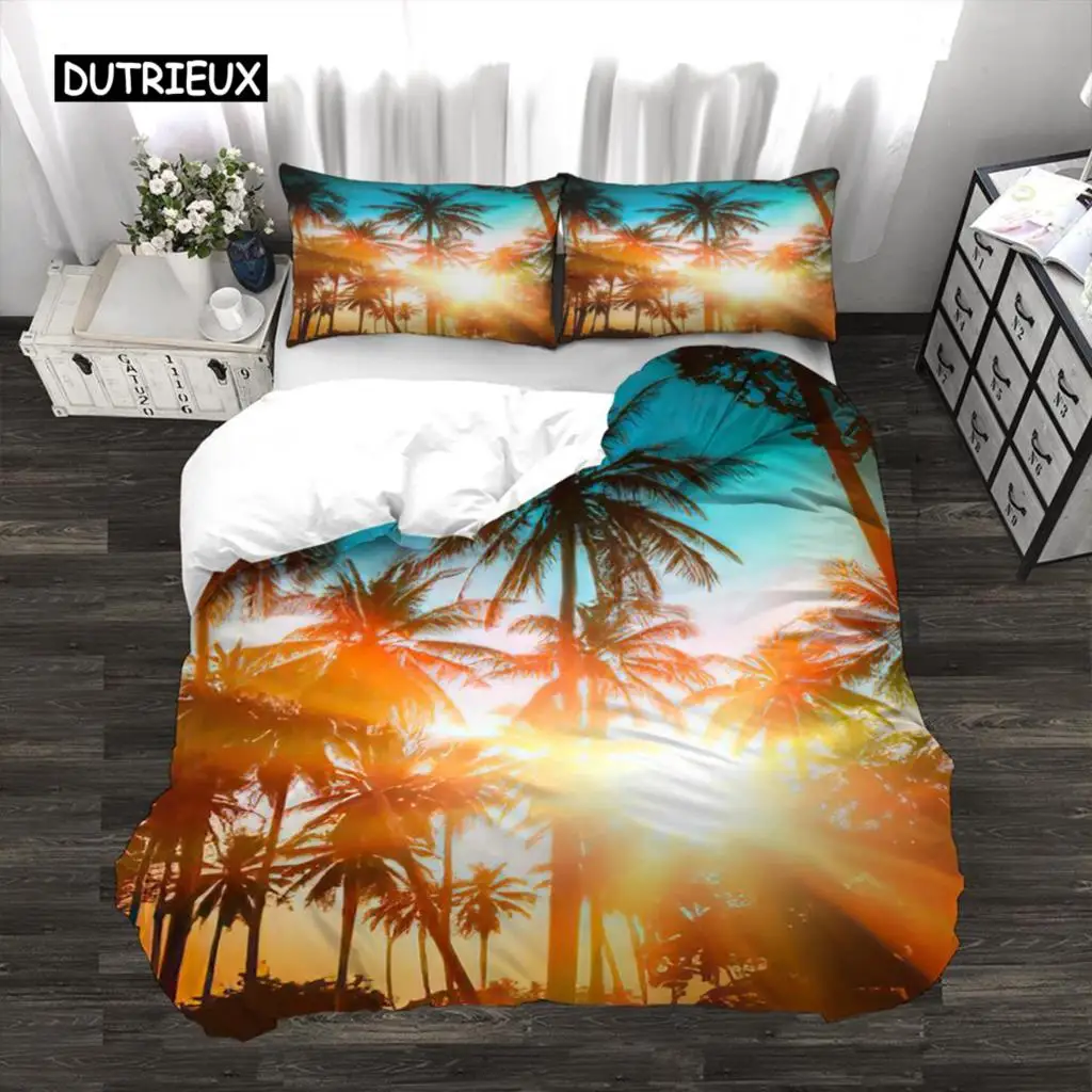 

Palm Leaves Duvet Cover Set Full Size Hawaiian Tropical Palm Tree Nature Scene Comforter Cover Sunset Dusk King Size Bedding Set