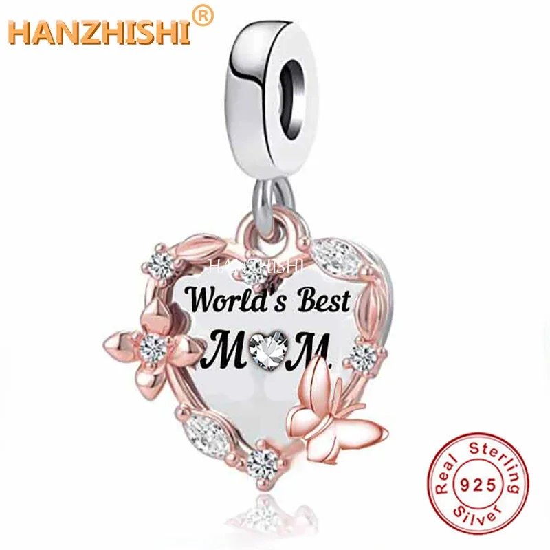 

Mother's Day Gift 925 Sterling Silver Worlds Best Mum Heart Dangle Charms Beads Fit Original Brand Bracelet Necklace Jewelry