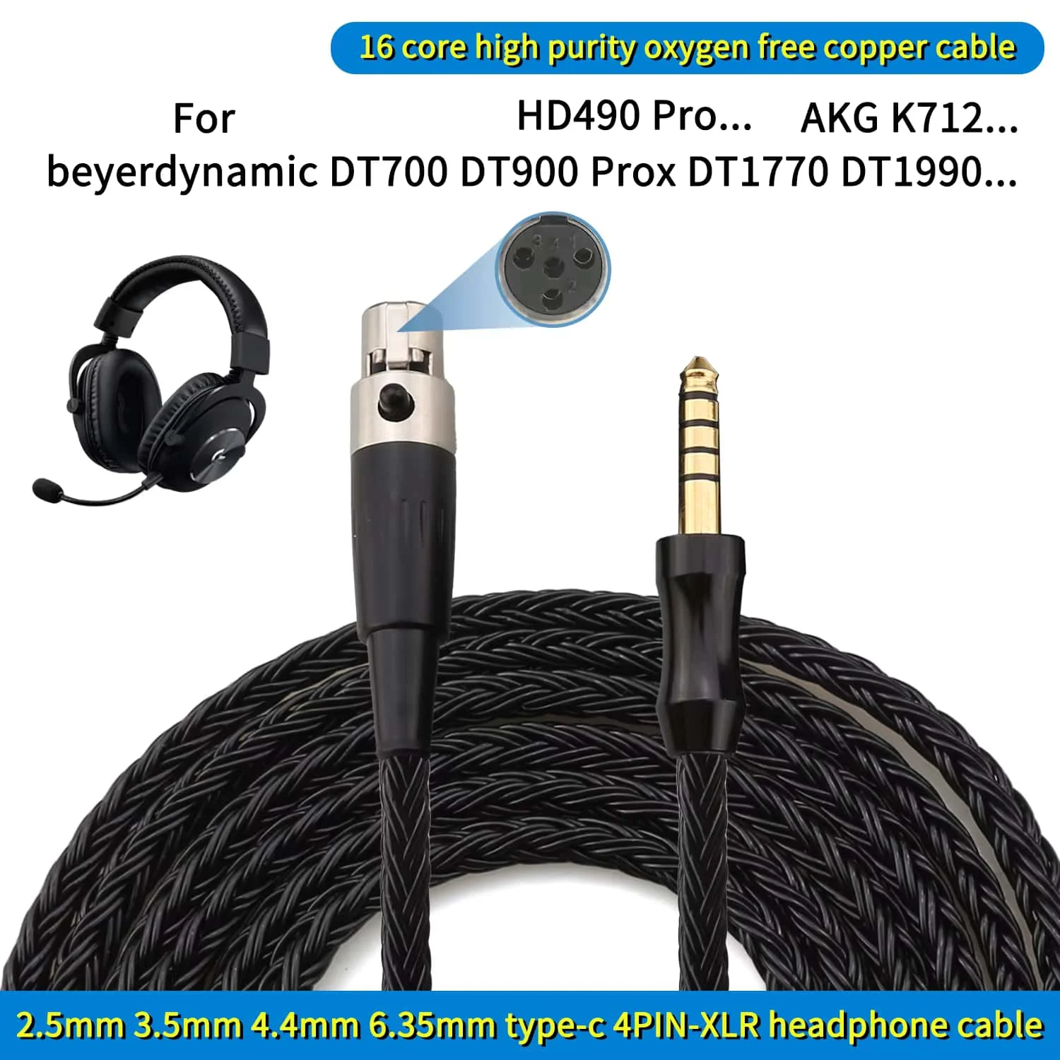 Image of HD490 PRO Kabel 16-adrig 4-Pin Mini XLR Kopfhörer-Upgrade-Kabel für Sennheiser AKG K712 K702 Q701 DT990 DT1770 ATH R70x 4.4/3.5