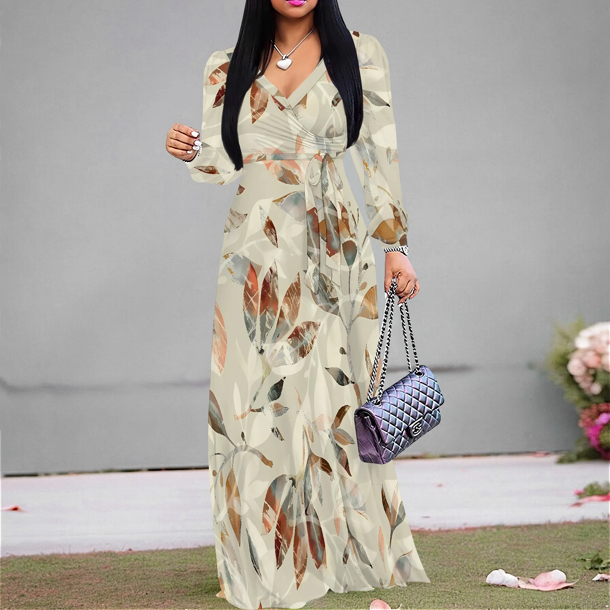 

EQQZD Long Sleeve V-Neck Maxi Dress, Summer Trendy Elegant Leaf Print Dress with Belt, Casual Loose Dress