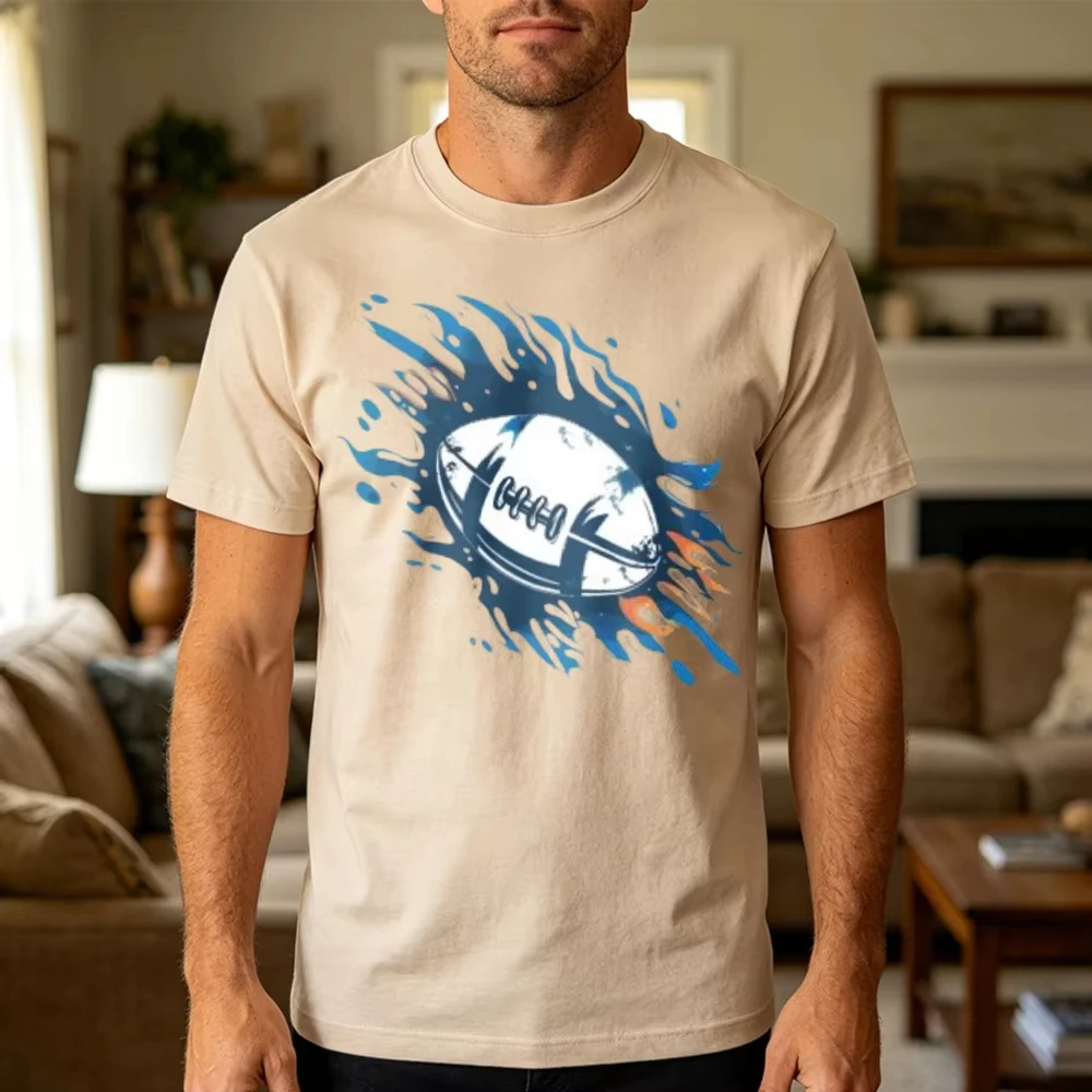 Football Fire Splash Sport Ball Graphic Print Men Tee Round Neck Short Sleeve T Shirt Gym Fitness Workout Clothes Tops