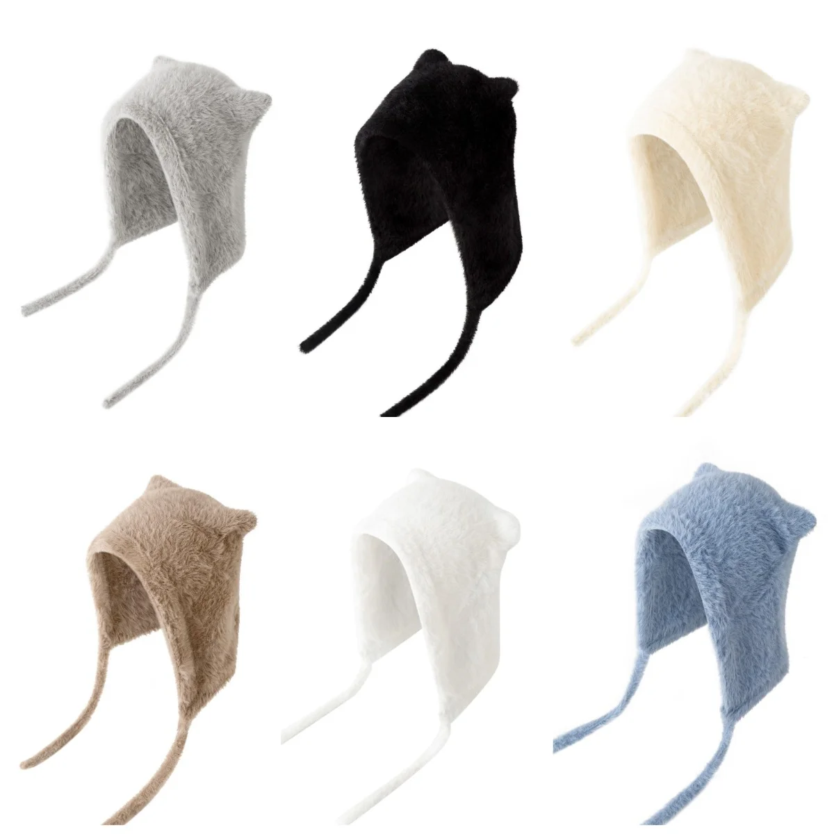 Winter Mink Velvet Fur Beanies for Women Men Cute Bear Ear Knitted Hat Crimped Straps Pullover Hat Hoody Balaclava Mom Gift