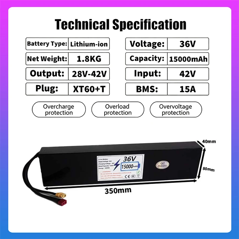 10S4P 36V Electric Scooter Battery 15000mAh High Capacity Rechargeable Battery Pack Long-Lasting 18650 Lithium Ion Built-in BMS