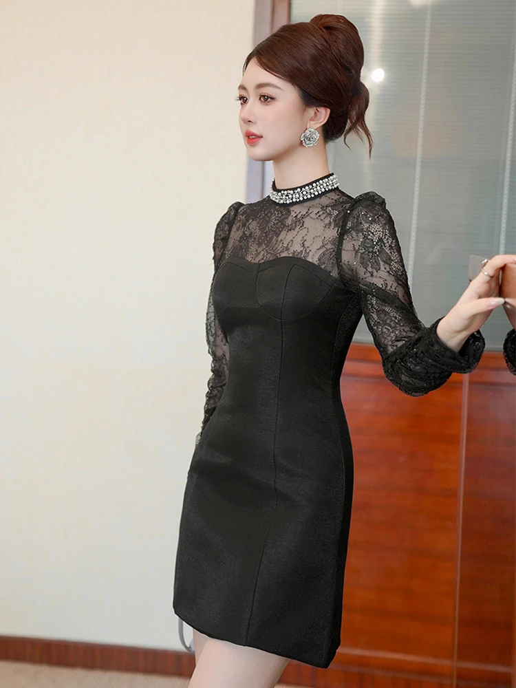 Schwarz Gefälschte 2-Stück Abendkleid Frauen Kleidung Spitze Sheer Sexy Dünne Kurze Kleider Elegante Luxus Party Club Geburtstag vestido Neue