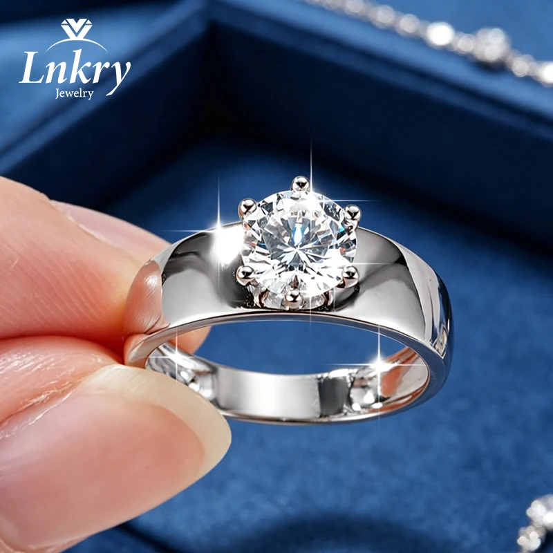 Lnkry Pass Diamond Test Wide Ring Certified 7mm Round Cut Moissanite Wedding Ring For Women Temperament Jewelry Gift