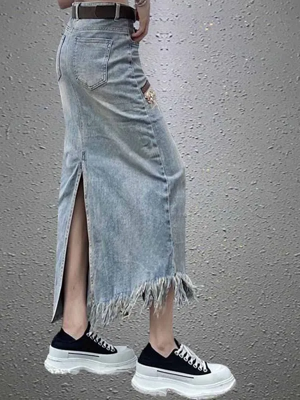 Over-Knee Denim Skirt Women's Spring New Heavy Embroidery Beaded Slit Slimming Vintage Long Skirt High Waist Zipper Style