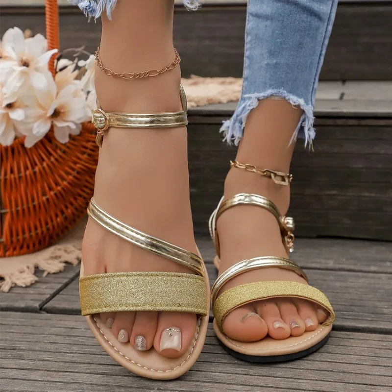 Women's Flat Sandals Open Toe Asymmetrical Strap Metallic-Look Finish Buckle Closure Casual Summer Everyday Walking Shoes Items