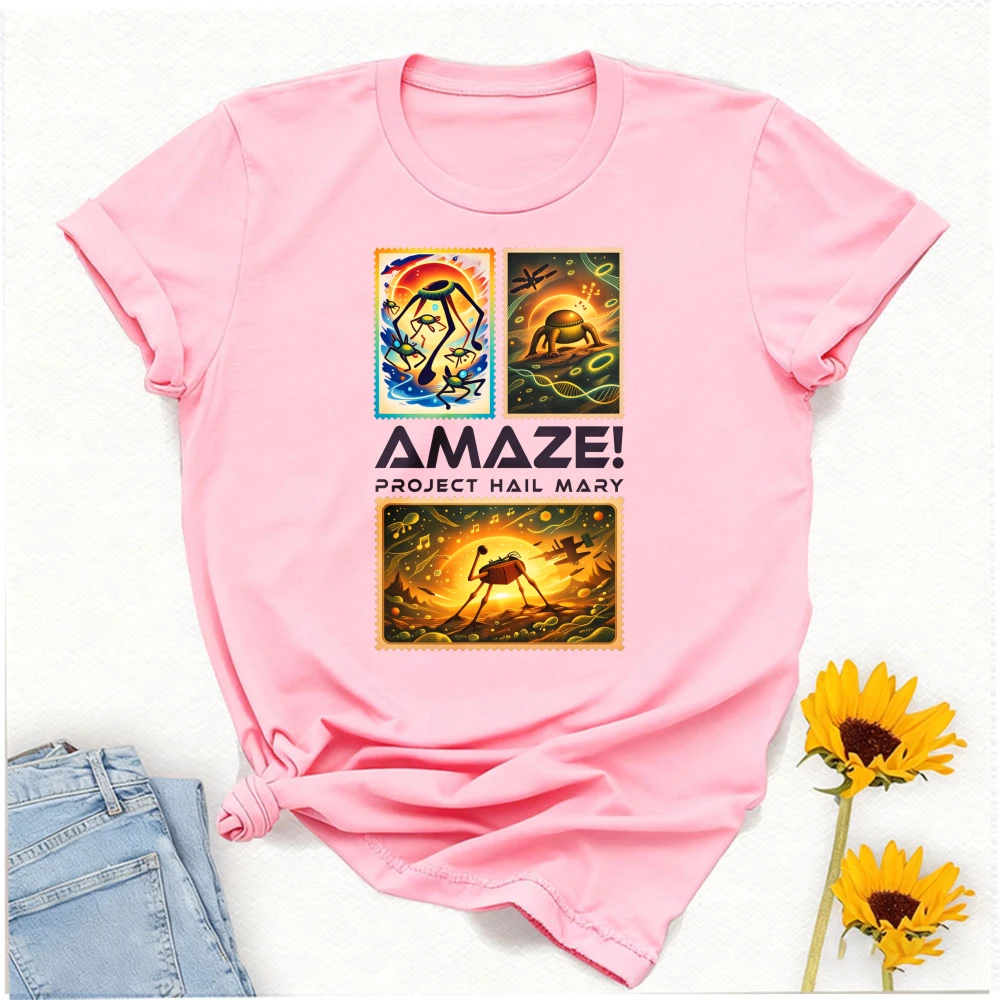 

Hail Mary Vibrant Stamp Collage AMAZE Bookish Shirt Retro Psychedelic Alien Art Cotton Casual Unisex Streetwear for Everyday