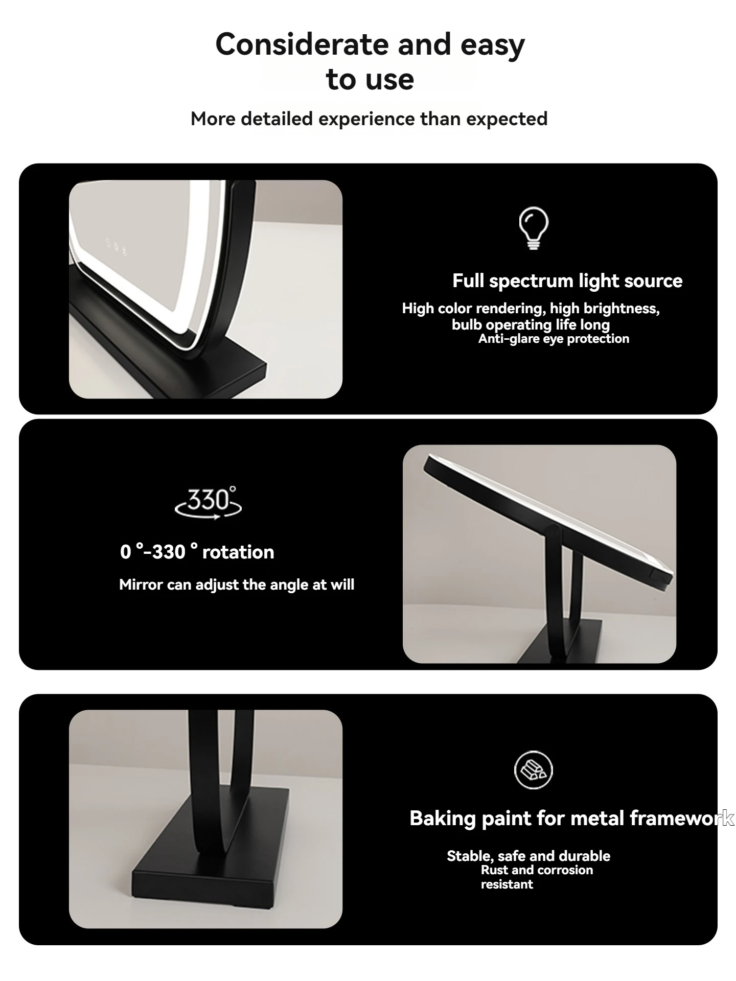 Specchio per trucco semi ellittico a LED Specchio cosmetico da tavolo con luce, camera da letto intelligente per la casa delle celebrità di Internet, rotazione semplice