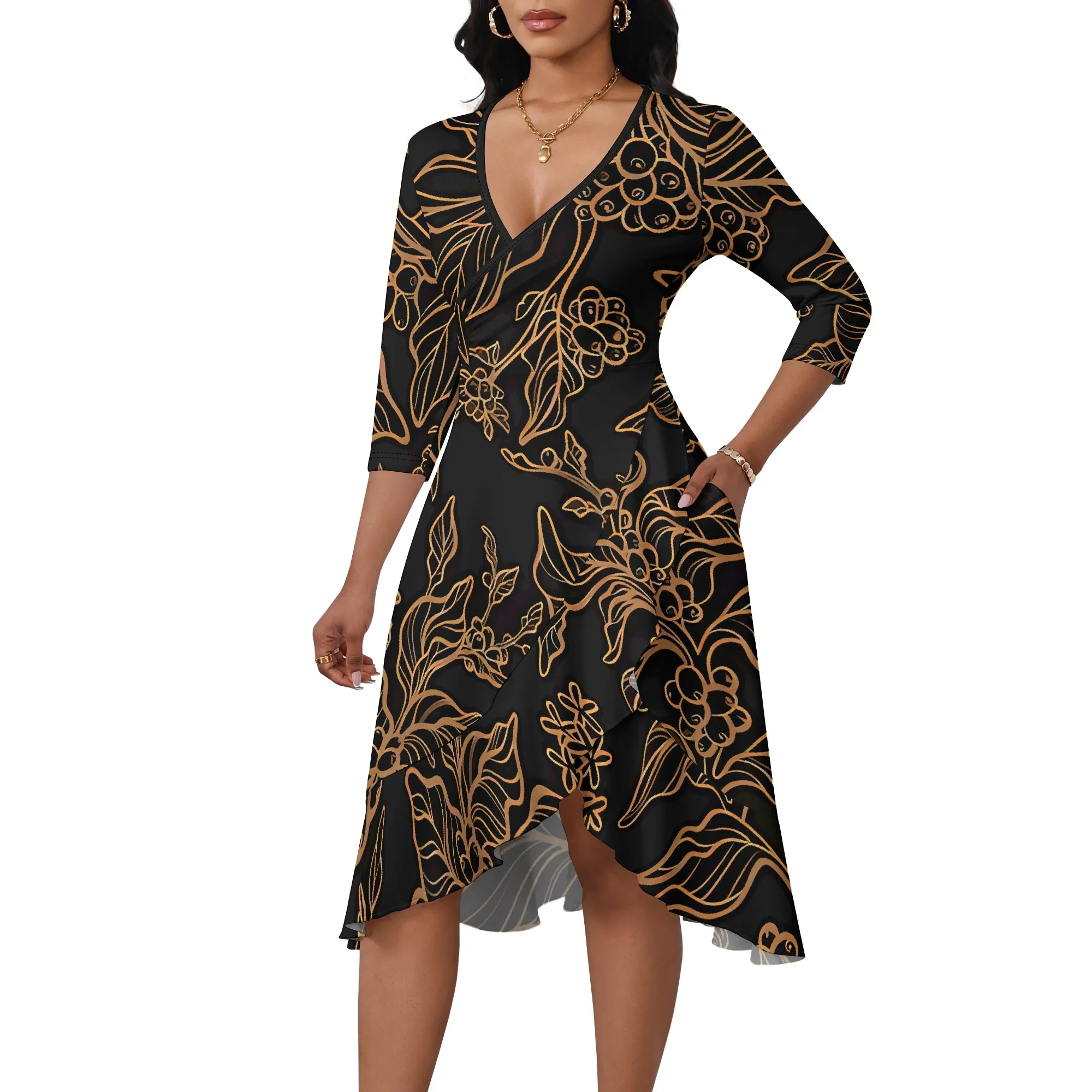 Nupusa Robe à imprimé floral pour femme, tenue asymétrique d'été décontractée, col en V, demi-manches