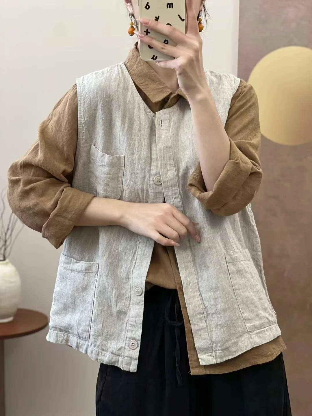 Autumn 2024 New Pure Linen Loose Women's Jaet Svel Outerwear Retro Artistic Sle Slimming Ladies Vest Top