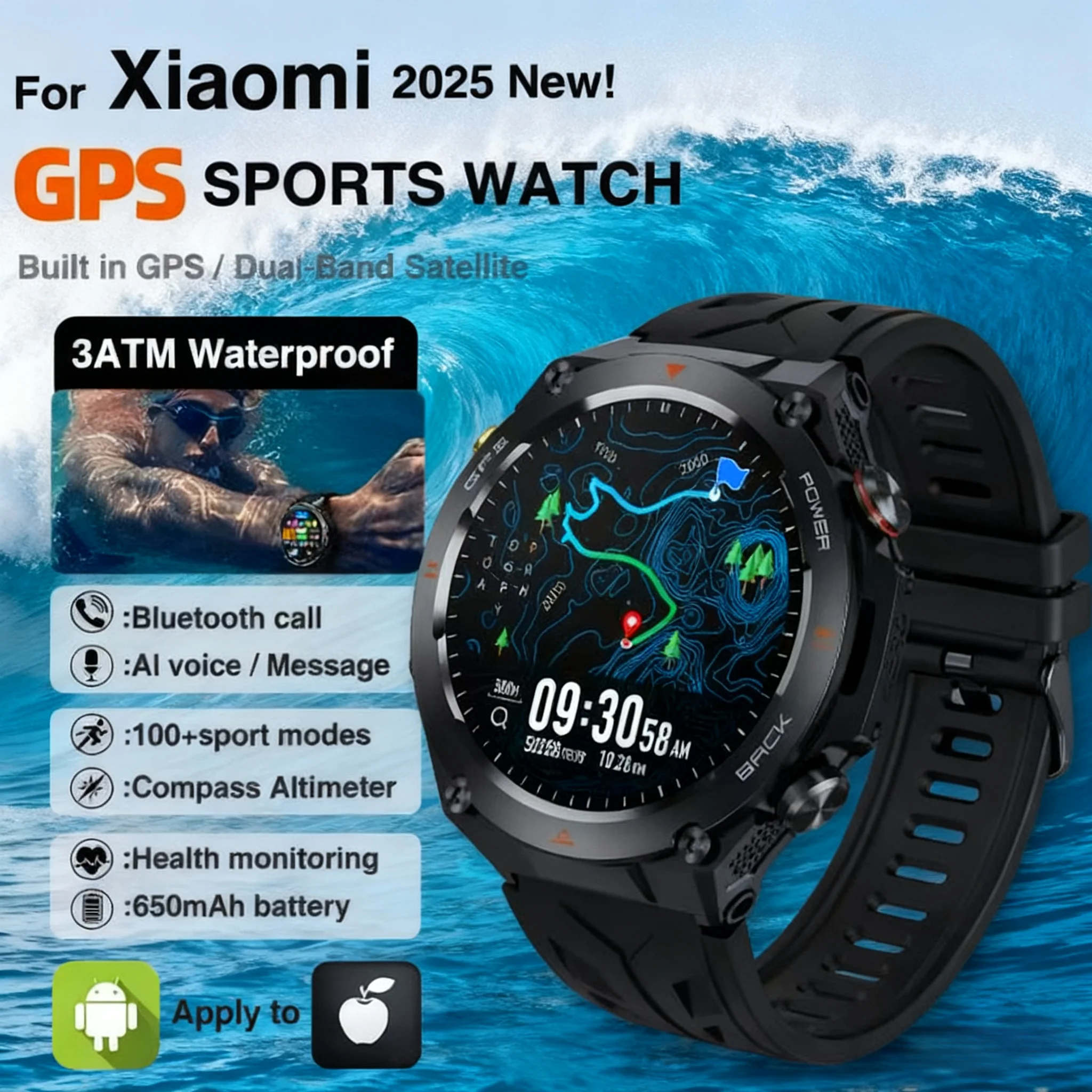 

2025 New For Xiaomi GPS Sports Smart Watch Men Built-in GPS & Compass Make/Receive Phone 650Mah Battery SmartwatchWomanBracelet