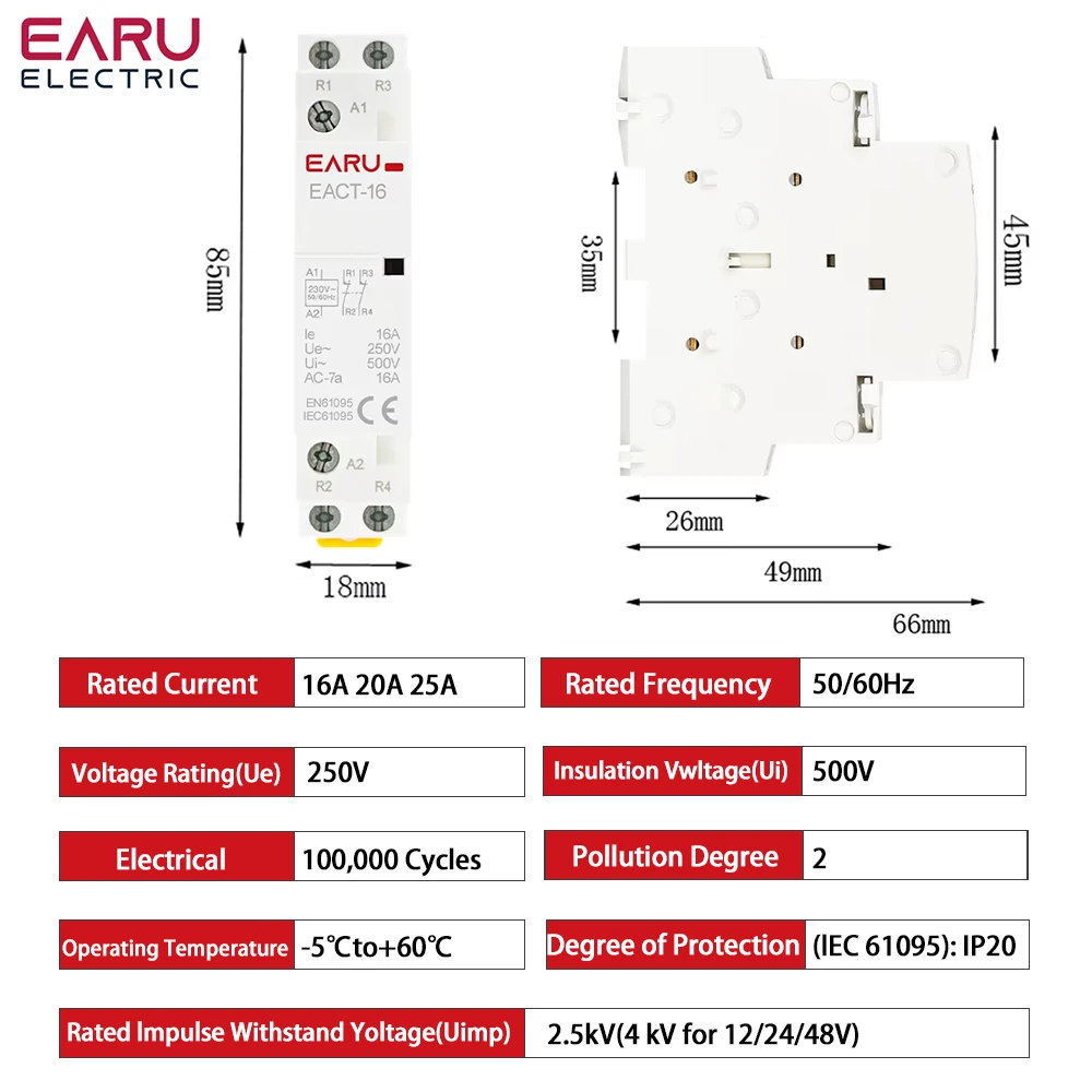 2P 16A 20A 25A 1NO 1NC 2NO 2NC AC 220V 230V 50/60Hz Din Rail Mounted Household Modular AC Contactor for Smart Home House Hotel