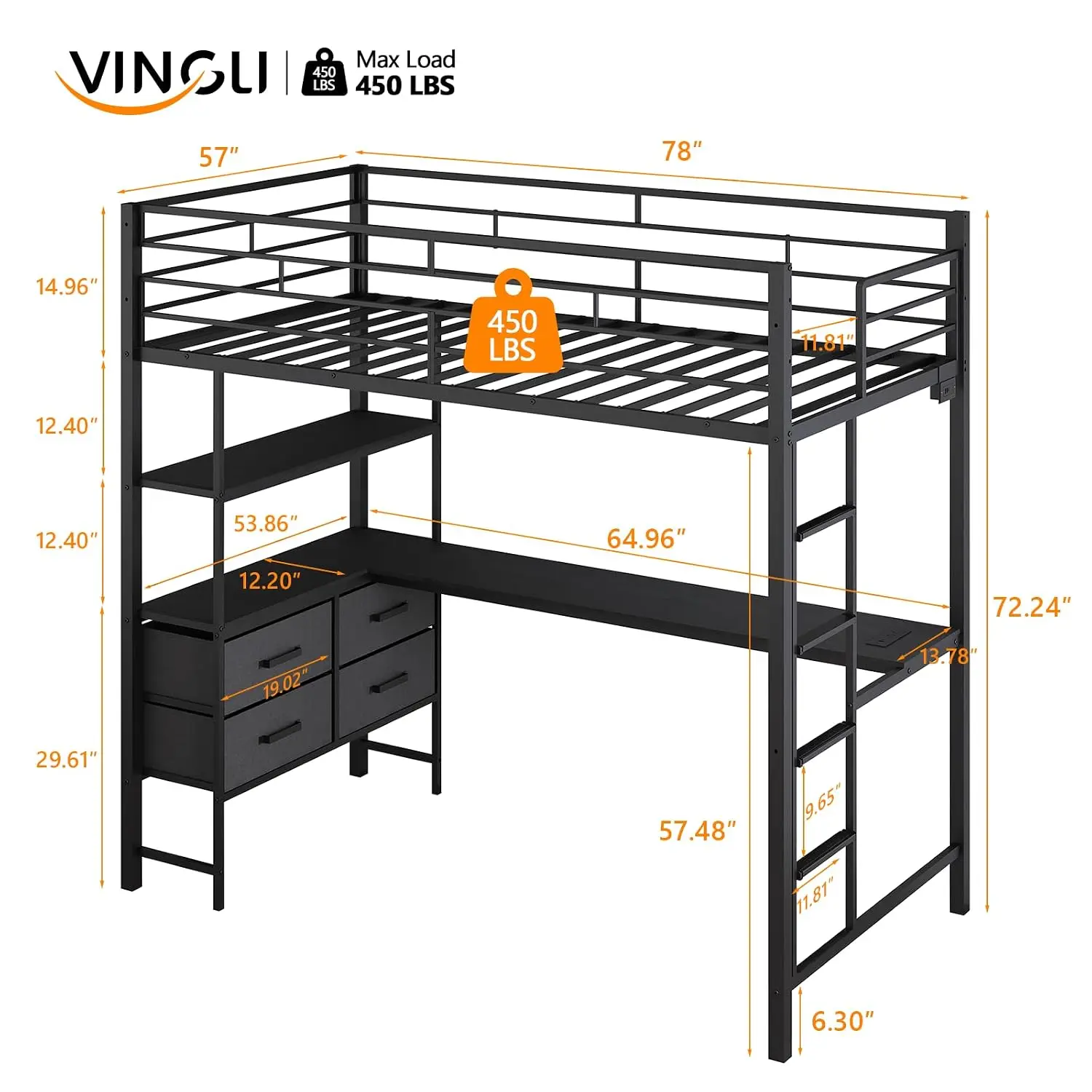 Full Metal Loft Bed Frame with L-Shaped Desk, 15 Inches Guardrail, Non-Slip Ladder, 2 Charging Stations, Storage, Customized