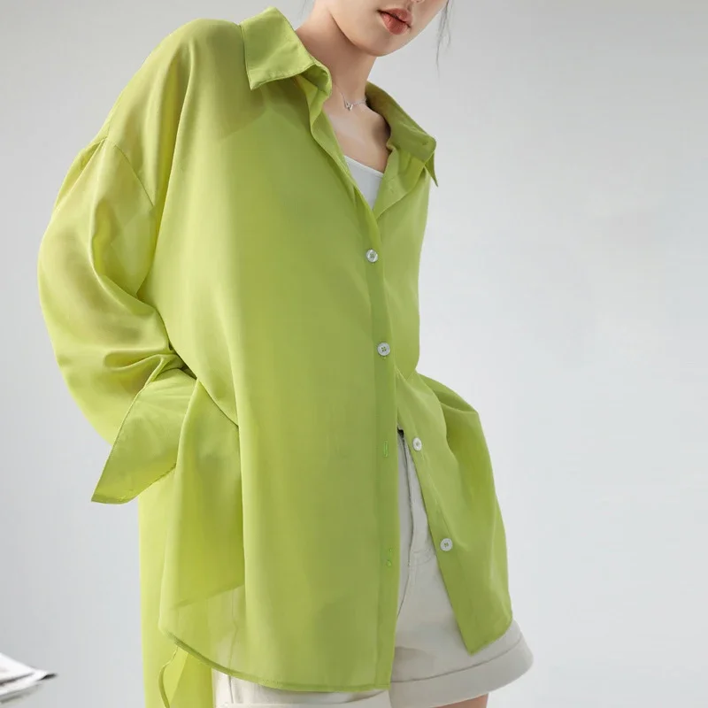 

Thin Section Long Sleeved Sunscreen Shirt Long Chiffon Air Conditioning Shirt Tops Female Outerwear