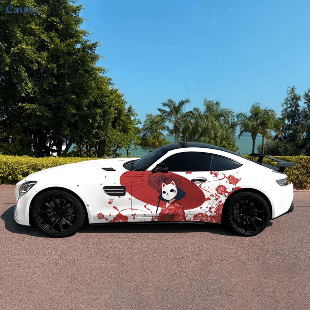 Japanese Woman Red Umbrella Car Vinyl Wraps Decal Self-adhesive PVC Sticker Suitable for Trucks SUV Decor Auto Accessories Gift