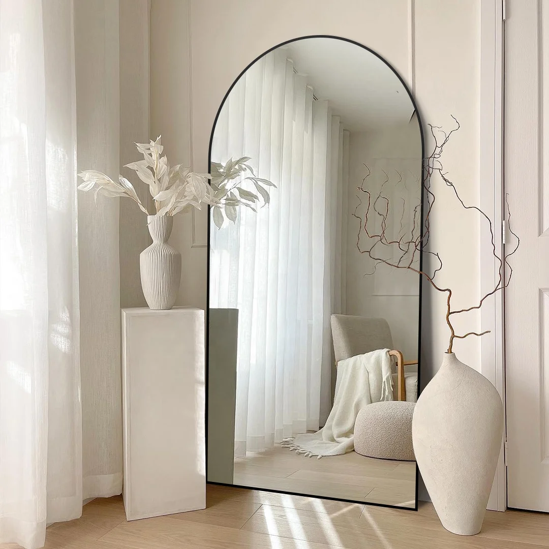 Modern oversized arched full-length mirror silver metal-framed floor-to-ceiling mirror with lamp decoration