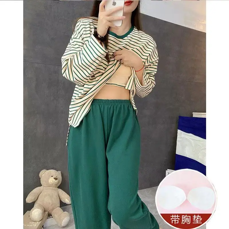 Damen Frühling Herbst Gepolsterte Gestreifte Pyjamas Mädchen Studenten Langarm-Hosen Homewear Weiche Damen-Loungewear Atmungsaktive Damenbekleidung