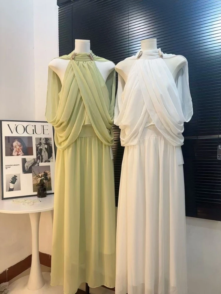 

French gentle style forest style super fairy grass green design sense chiffon shirt+high waist long skirt two-piece set
