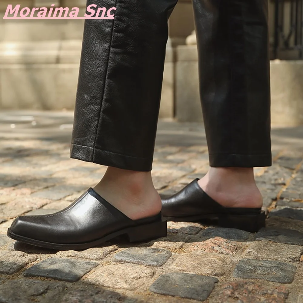 New Casual Leather Slipper Concise Man Slipper Summer Square Toe Unique Black Solid Daily Patchwork Sewing Comformtable Shoes