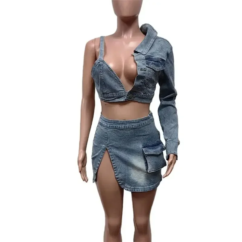 Sexy Bretels Wrap Buste Korte Tops Vrouwen Casual Denim 2 Delige Sets Split 3d Zak Split Zoom Damespakken Streetwear