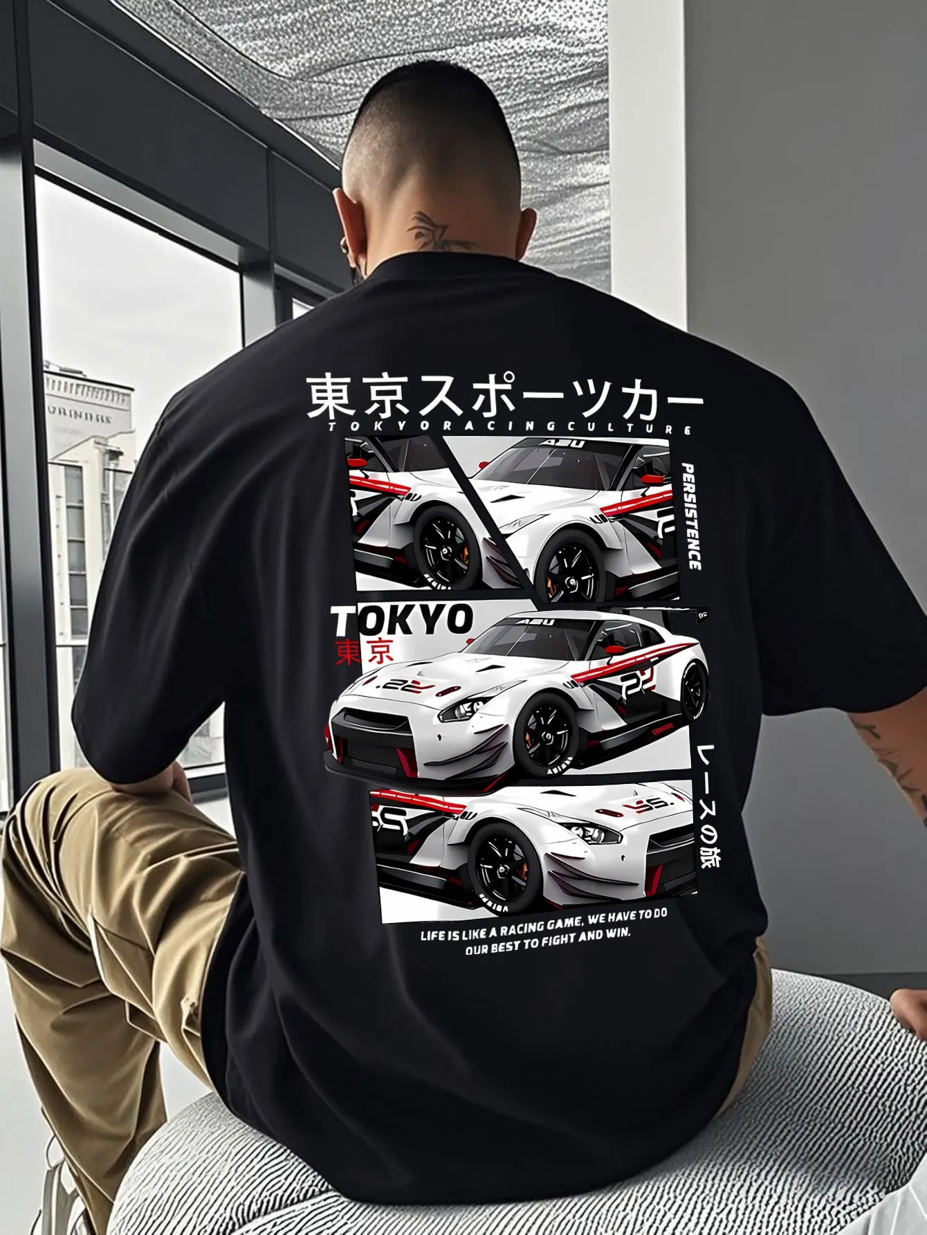 

2025 New Summer Trendy Fashion Flow Pure Cotton T-shirt with Japanese Racing Printing Loose Version, Quick Drying, Breathable