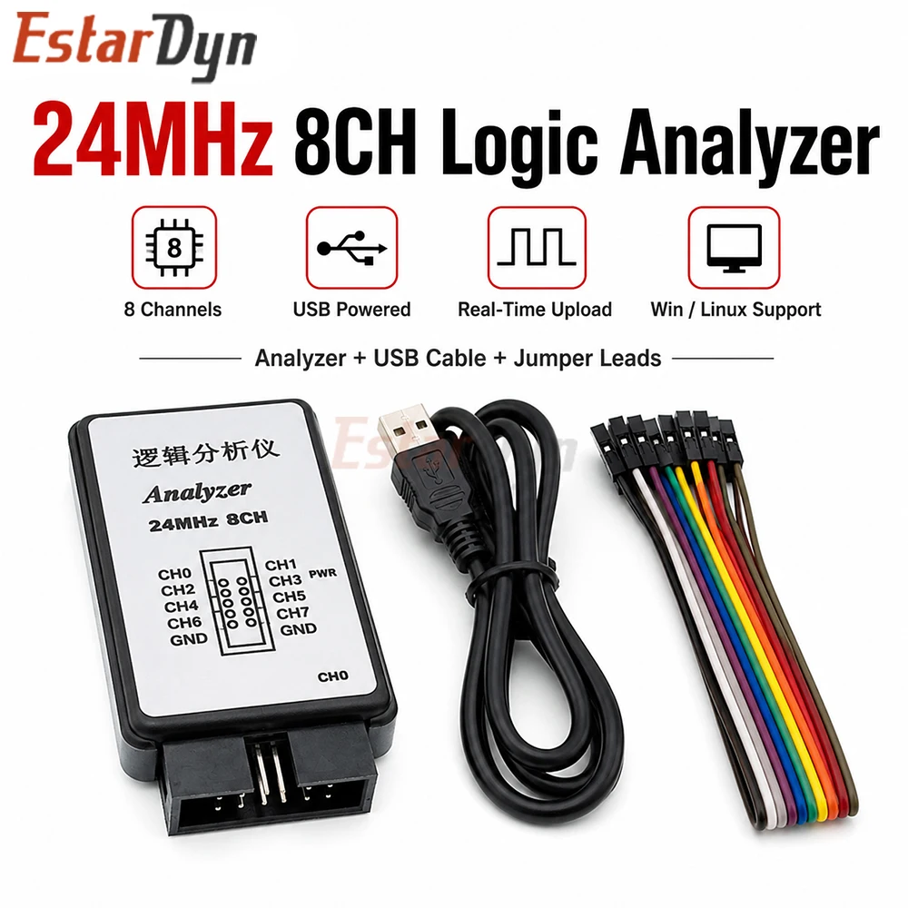 Estardyn USB Logic Analyzer 24MHz 8CH Digital Signal Analyzer 24MS/s Debugger for MCU FPGA CPLD