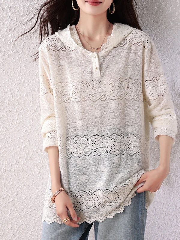 Women's Lace Hoodie T-shirt Long Sleeve Base Shirt Autumn New Style Chemical Fiber Fabric Straight Tube Type Ladies Sweater