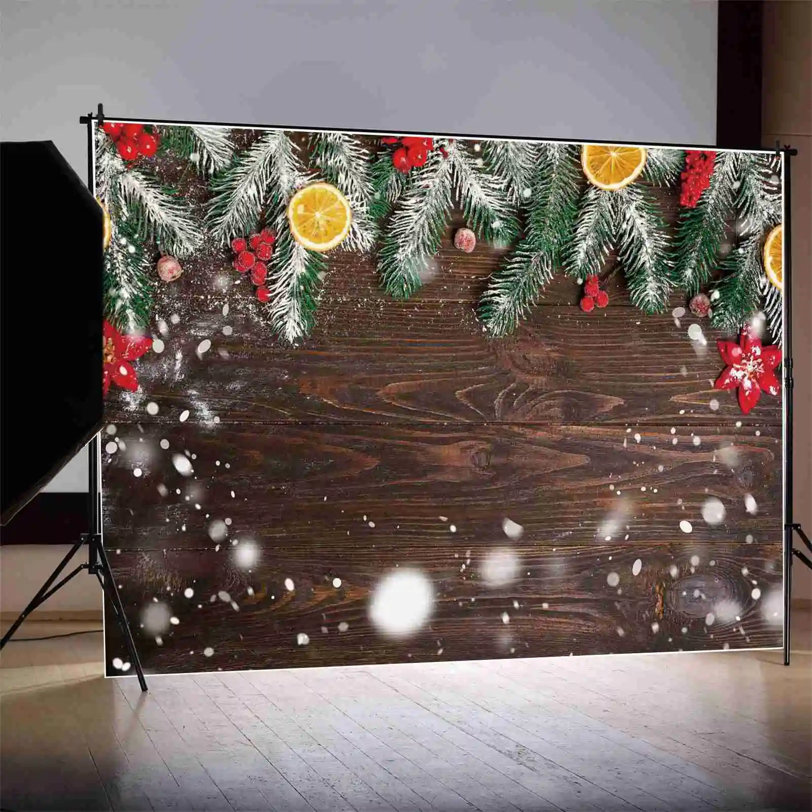 MOON.QG Backdrop Christmas Snowflake Wood Board Bean Flower Pine Lemon Decorations Background Children's Party Props Photo Booth