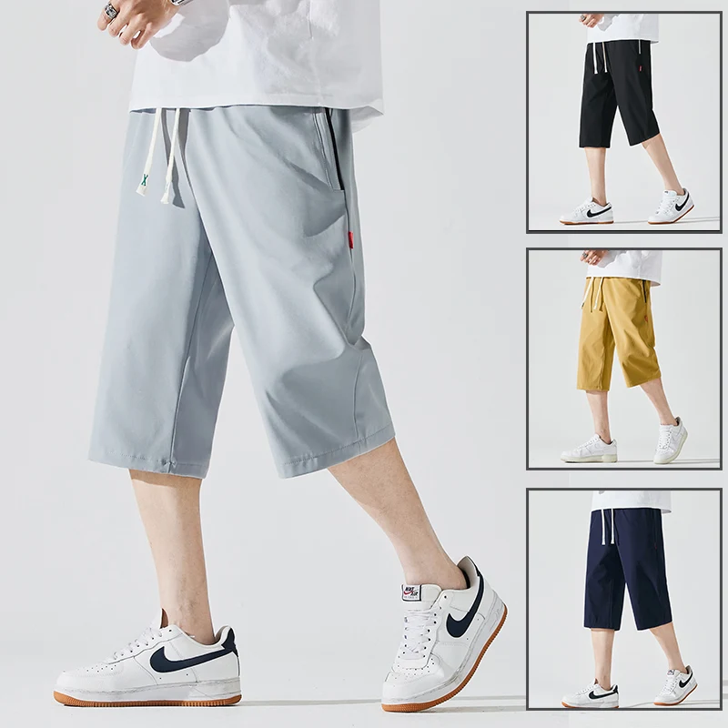 Elegant Fashion Harajuku Slim Fit Ropa Hombre Loose Casual Shorts Solid All Match Sports Shorts Thin Style Pockets Capri Pants