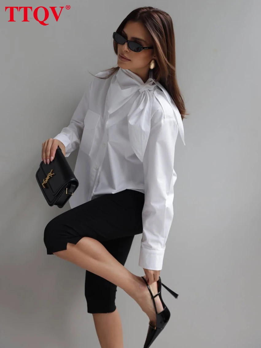 

TTQV Fashion Loose White Women's Blouse 2026 Casual Bow Collar Long Sleeve Shirts Elegant Classic Solid Top Female Clothing