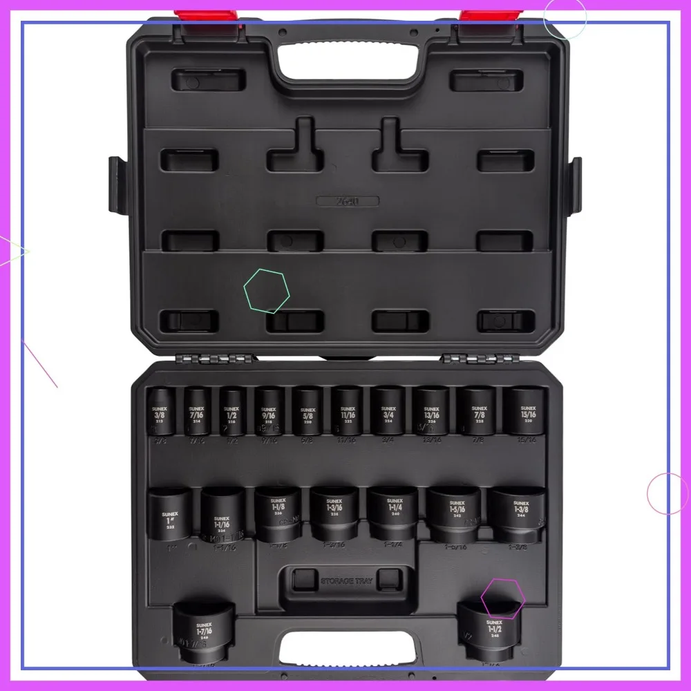 

19-Piece 1/2 Inch Drive Impact Socket Set, SAE 3/8-1-1/2 Inch, Cr-Mo Steel, Radius Corner, Dual Markings, Heavy Duty Case, ANSI