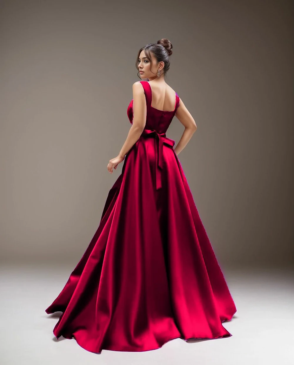 Msikoods Wine Red A-Line Evening Dress Square Neck Backless Satin Formal Dress Women Elegant Party Gown Prom Dress