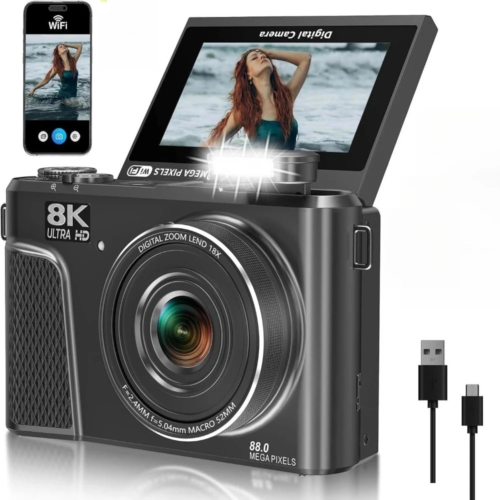 WD300 8K 디지털 카메라 (88MP, 3인치 180도) °   플립 스크린 18배 줌 자동 초점 유튜브/사진 촬영용 SD 카드 지원 브이로그 카메라