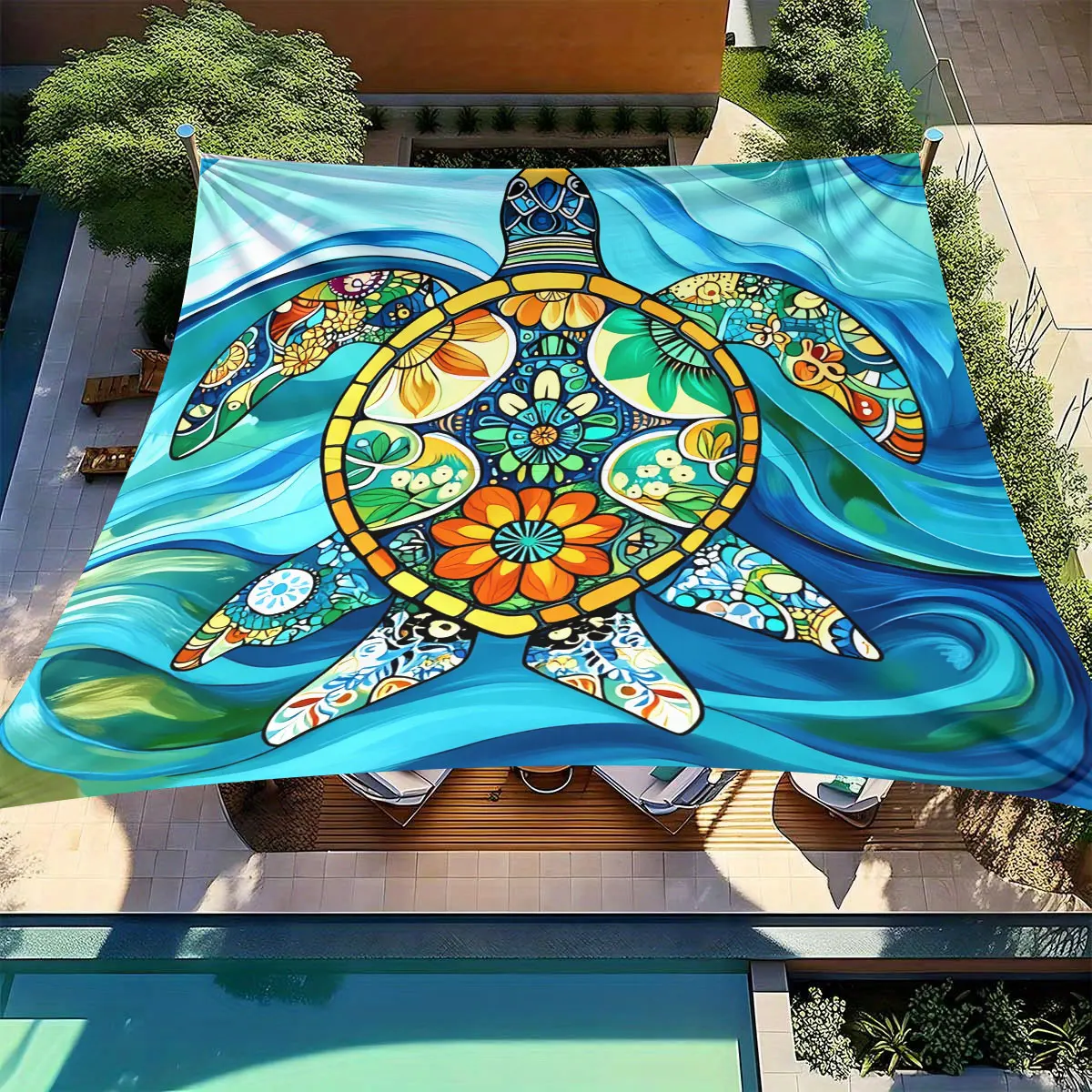 1-Piece Stylized Turtle Floral Geometric Outdoor Awning and Beach Shade-Vibrant UV Protection, Easy to Install and Store, Gre