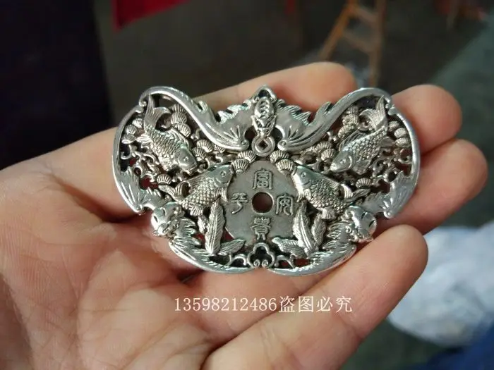 Antique Silver Ware Collection: Miao Silver Plating, Hollow out, Rich and Noble, Safe, Bat and Carp Hanging Tag Copper